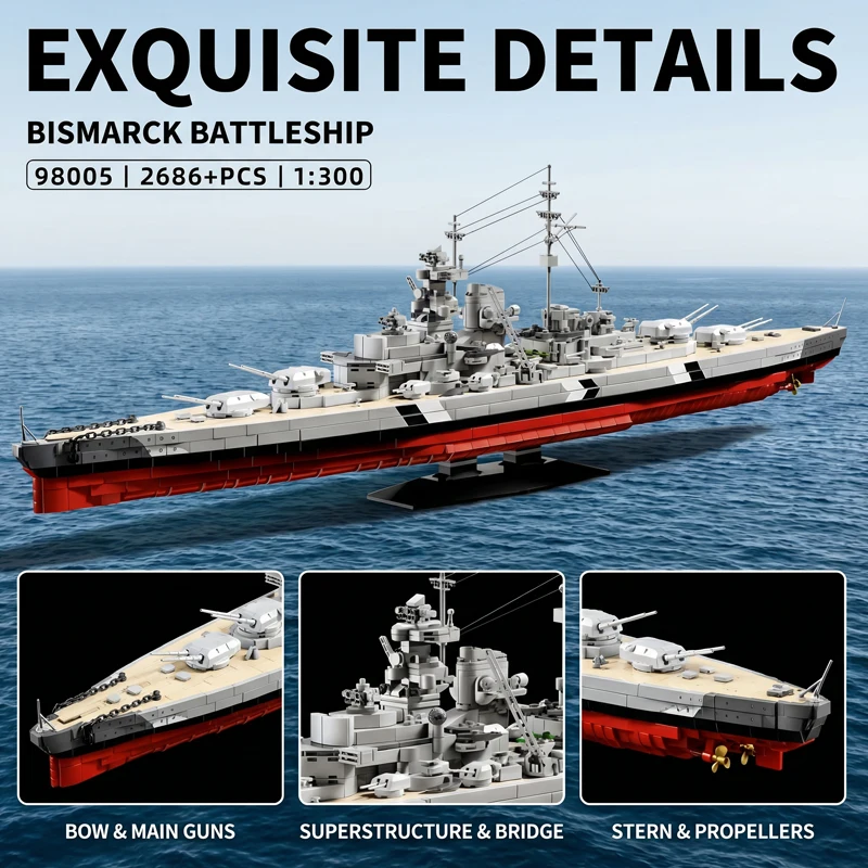 Klemmbausteine 1:300 Bismarck-Klasse Schlachtschiff Bausteine Set Militärisches Kriegsschiff Modellbausatz Jungen Spielzeug Erwachsene Kinder DIY Heimdekoration Geschenk 2686 Teile – Detail 2