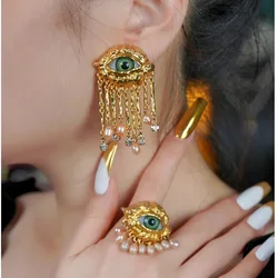 Medieval Personality Devil's Eye Pearl Tassel Earrings for Women Girl Light Luxury High-end Ring Necklace  Jewellery Accessories