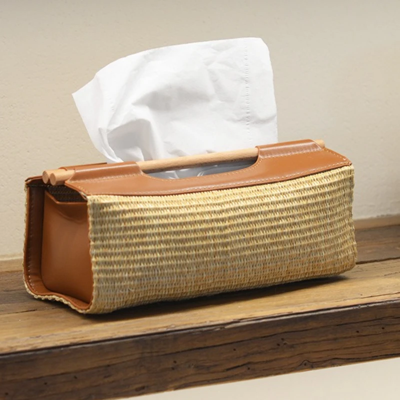 

Кожаная коробка для салфеток, коробки для носовых платков для спальни, чехол для салфеток из соломы для гостиной, украшение для рабочего стола, контейнер для туалетной бумаги