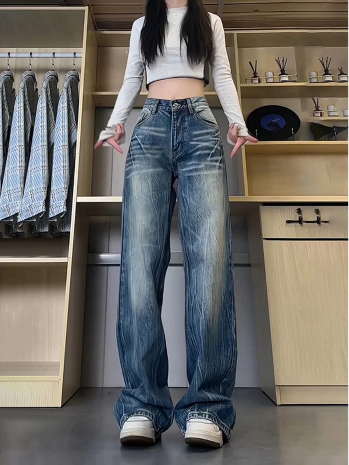 

Мужские джинсы с синим узором «Молния», прямые, CleanFit, в американском стиле High Street, с микро-клешем, осенне-зимние