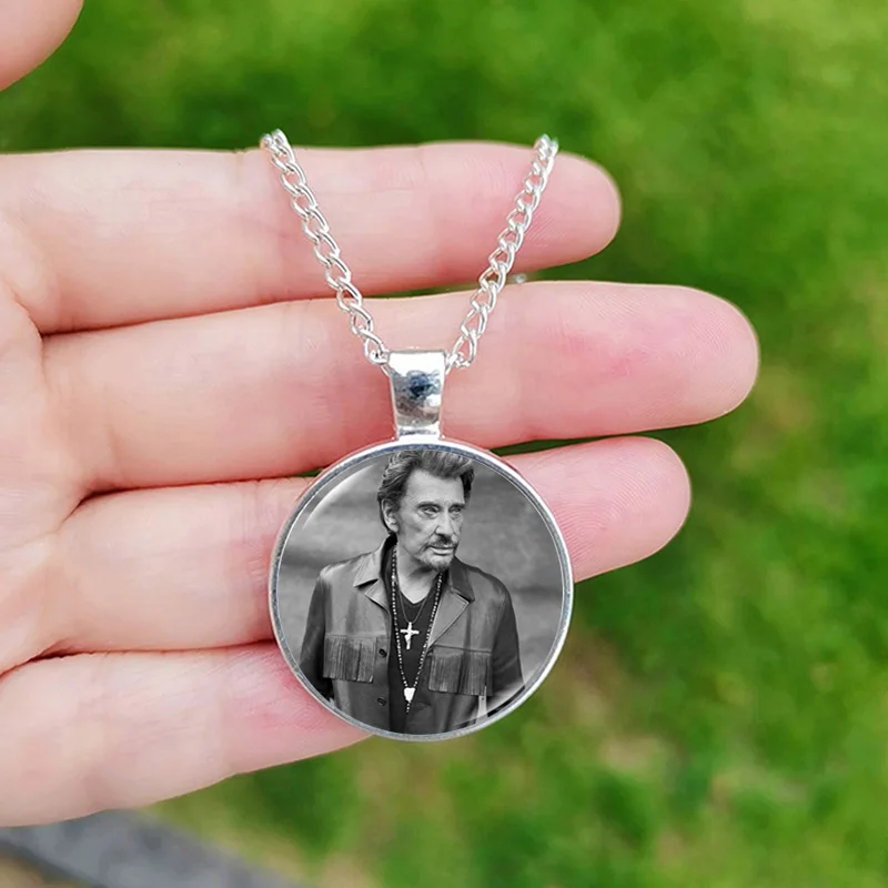 2024 Johnny Hallyday Necklace for Men Women Famous Singer Poster Glass Crystal Pendant Chain Jewelry Gift