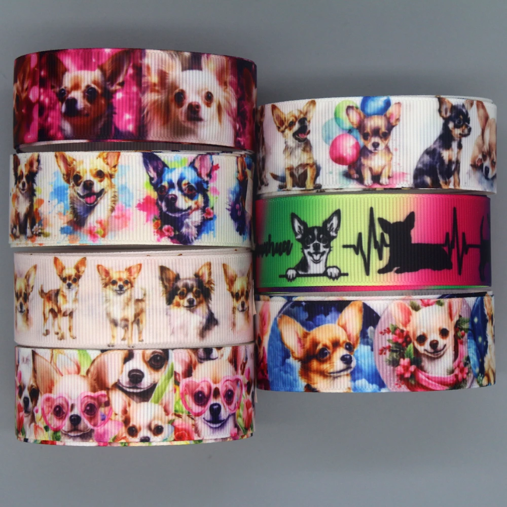 DHK 50yards Chihuahua Dog Printed Grosgrain Ribbon Accessories Headwear Decoration Collar DIY Sewing Craft S2404