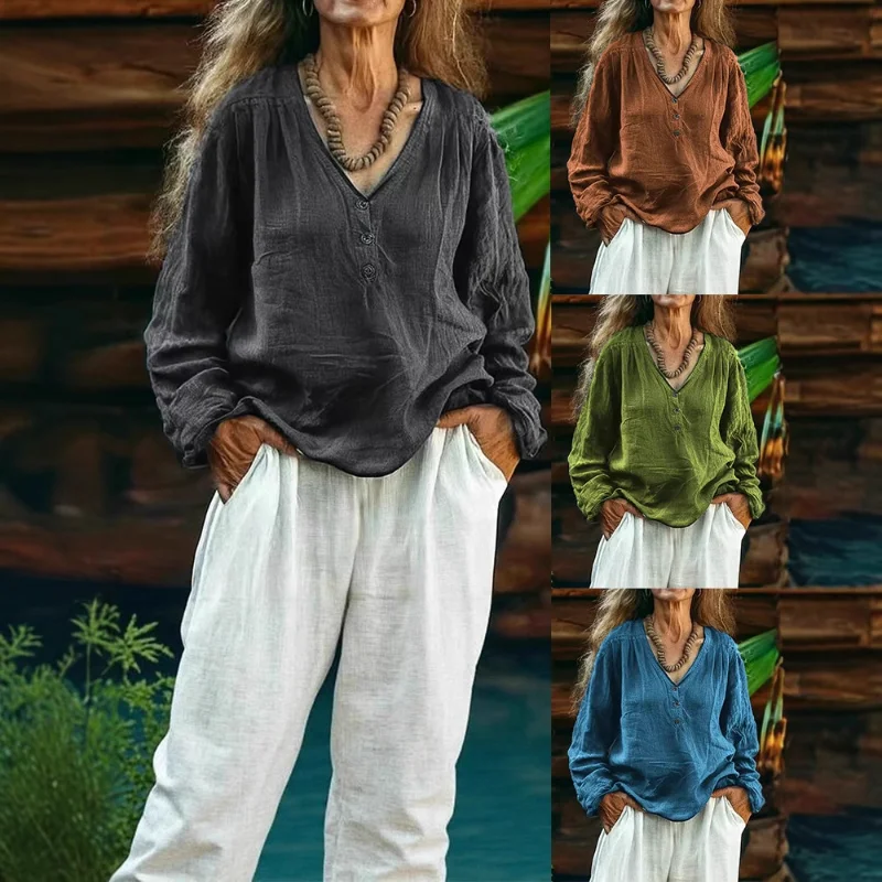 2025 New Women's Casual Long-sleeved V-neck Door Tube Regular Solid Color Multi-color Tops T-shirt