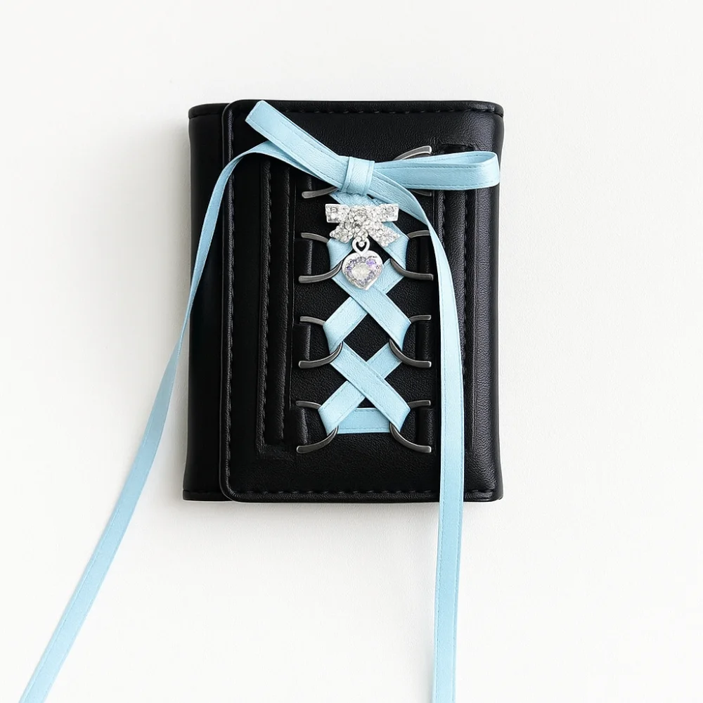 Korean Style Balletcore Three Fold Wallet Heart Crystal Silk Ribbon Bow Cash Purse Bag PU Leather Short