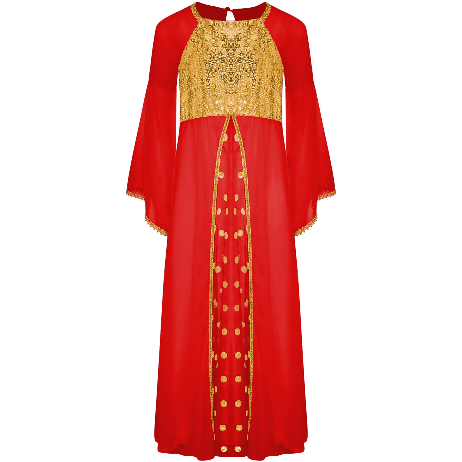 

Renaissance Ancient Rome Angel Princess Role Play Costume Sequins Long Gown Flare Sleeve Flowy Chiffon Dress Carnival