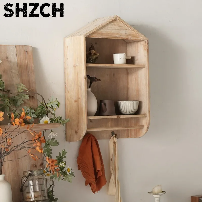 Wabi-Sabi Solid Wood Wall Cup Rack Floating Kitchen Storage Cabinet Vintage Display Shelf for Study Cafe B&B Wall Storage Rack