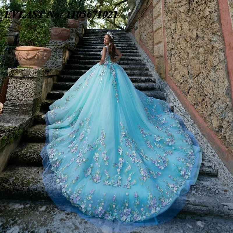 EVLAST-vestido De quinceañera azul con purpurina, traje De baile De quinceañera, Apliques De encaje Floral, cuentas De cristal dulce 16, 15 años, SQ159