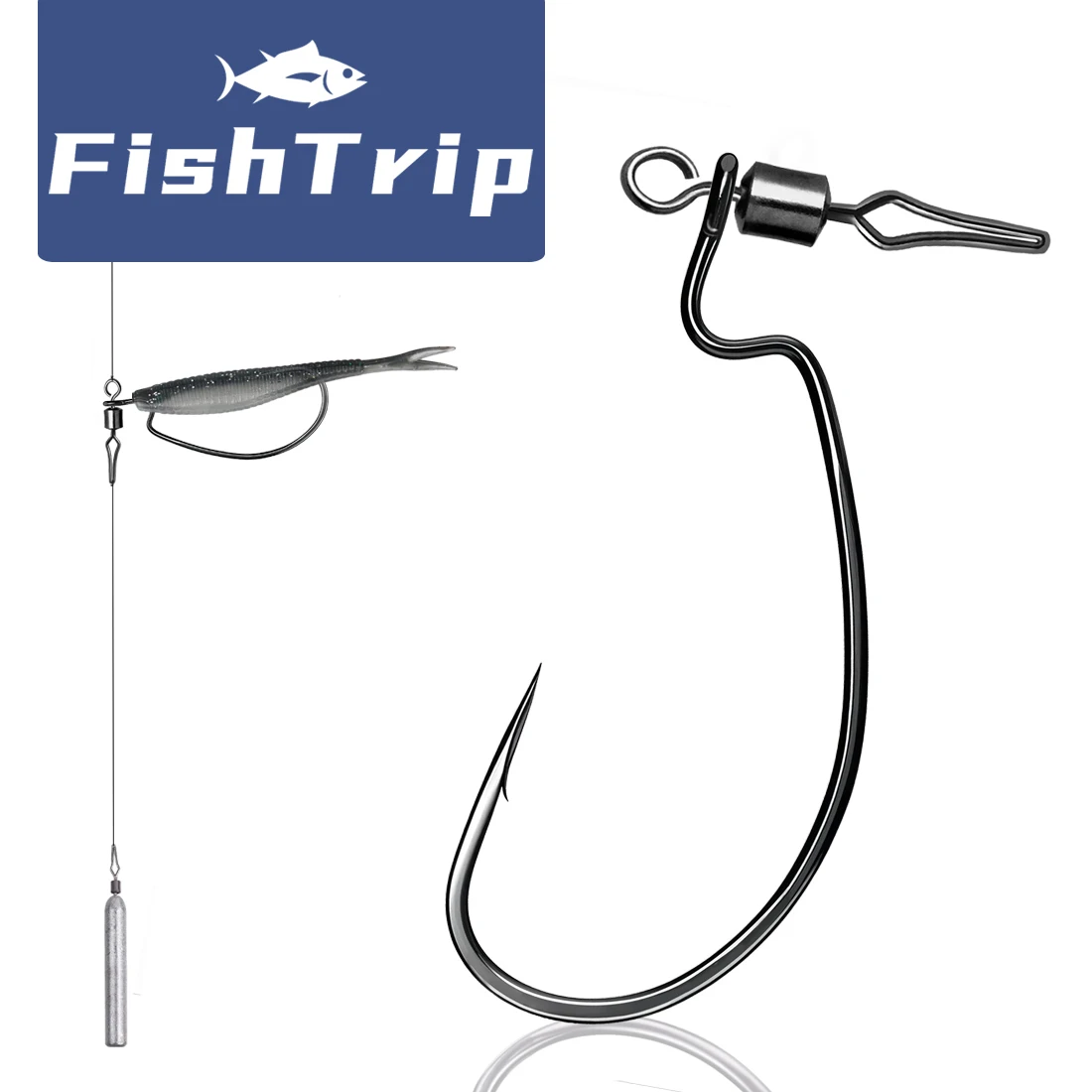 FishTrip EWG Worm Hook with Rolling Swivel Snap Offset Hook Swivel Wide Gap for Bass Lure Bait Hook Texas Carolina Rig Saltwater