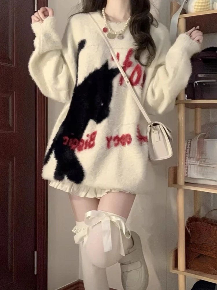 2024 Harajuku Cartoon Cat Letter Knitted Soft Sweater Women Autumn Vintage Streetwear Tops Loose Grunge Y2k Aesthetic Pull Femme