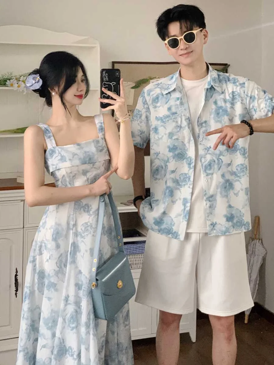 Unique Design Couple Matching Summer 2024 Short Sleeve Holiday Style Dress And Shirt One Skirt One Top Casual Breathable Poly...