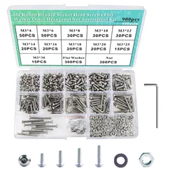225/570/900Pcs M3 304 stainless steel Round Headed Socket Head Screws Flat Washer Spring Lock Washer Nut Assortment Kit