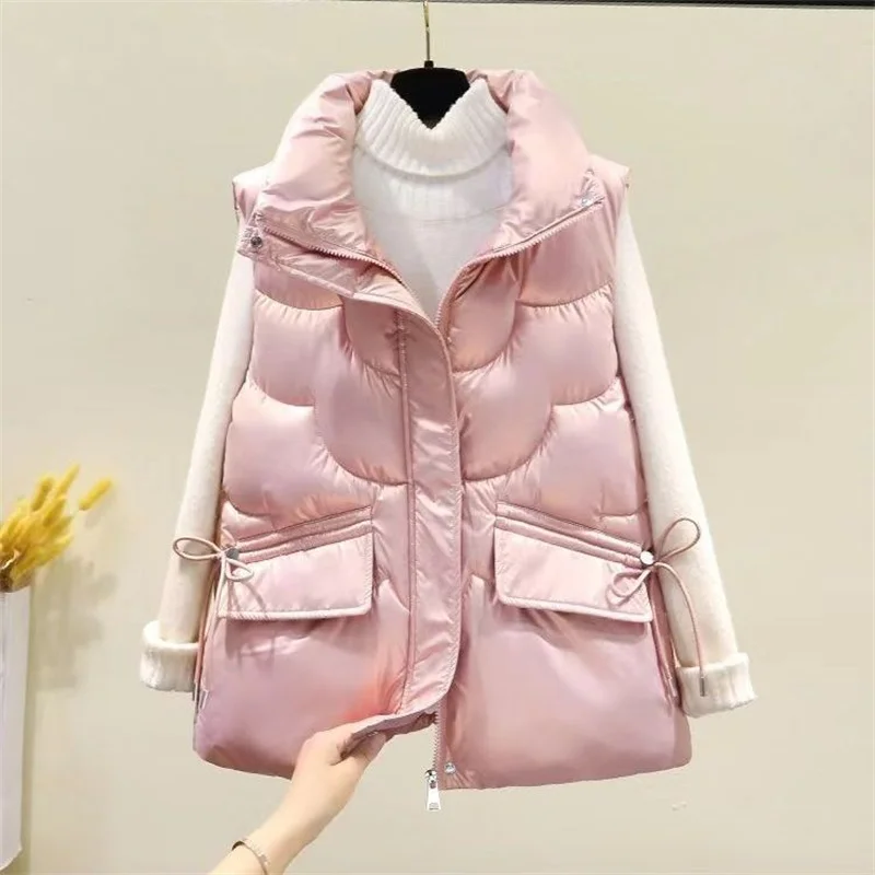 2025 New Down Cotton Vest Women's Autumn And Winter Short Stand Collar Outcoat Fashion Outer Wear Sleeveless Vest Jacket Pink