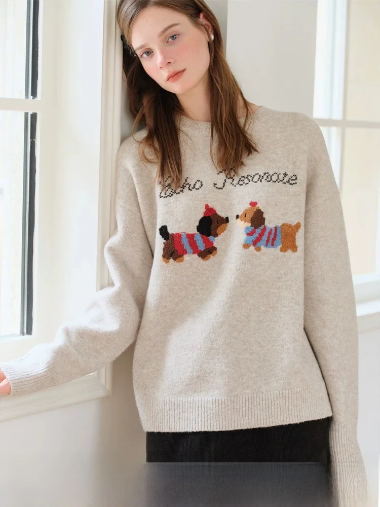 

Cute Pet Pattern Knitted Sweater Top Women's Winter New Sle Cartoon Inner Wear Soft Wool Blend Long Sve round Ne Warm