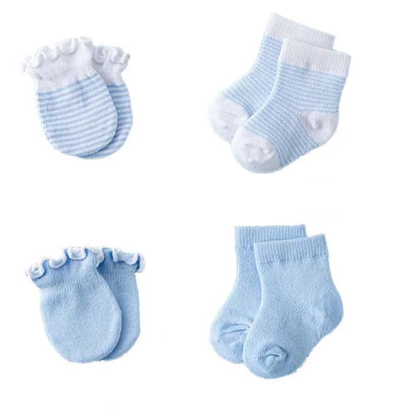 4 Pairs/set Newborn Anti Scratch Gloves + Socks Soft Cotton Face Protection Gloves Foot Cover Set Baby Boys Girls Mittens Sets