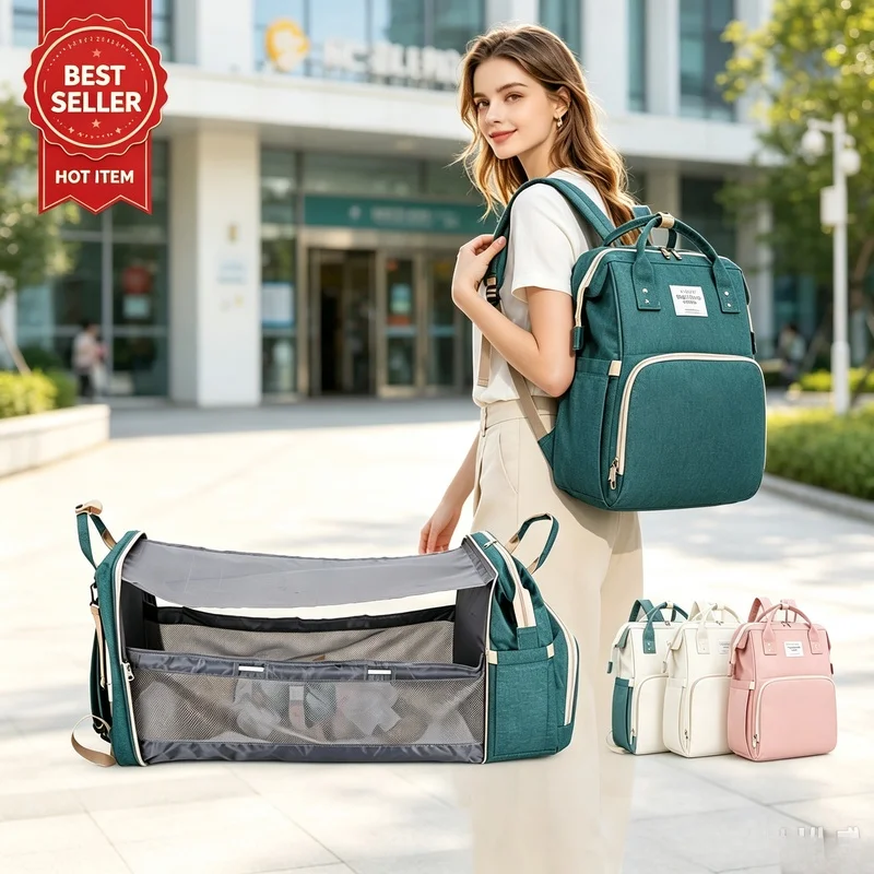 Foldable Baby Diaper Backpack, Large Capacity Nursing Bag with Changing Mat for Baby Essentials Storage