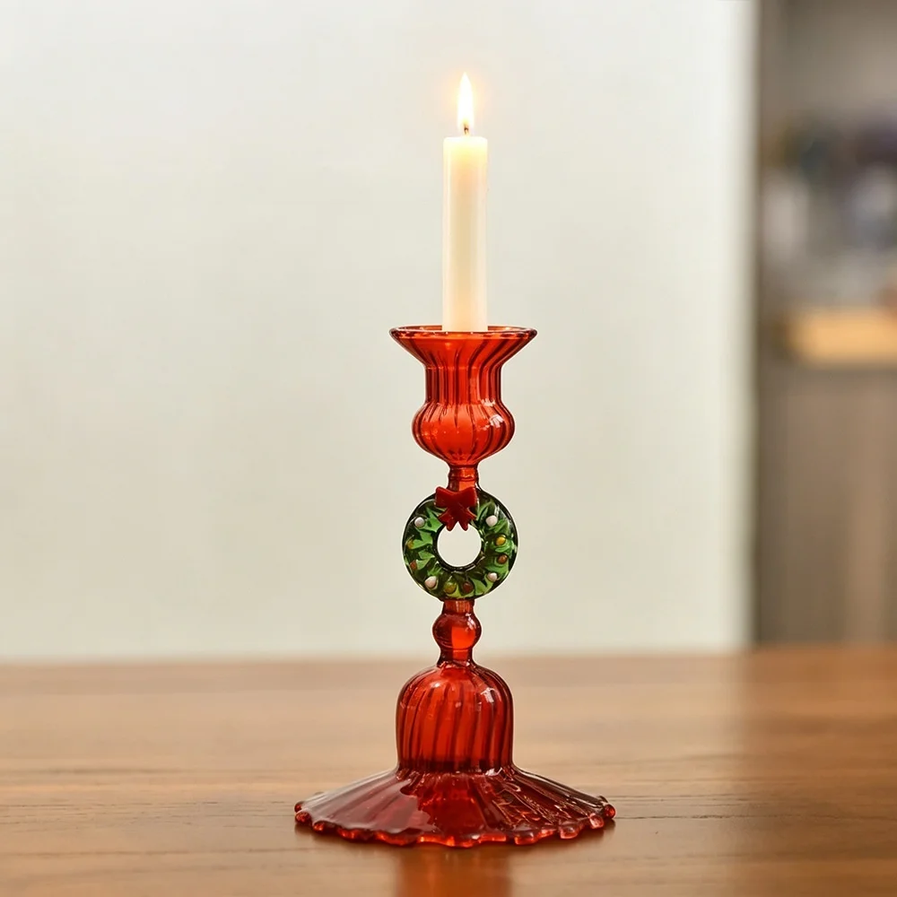 3pcs/set European Style Glass Candle Holder,Vintage Colored Candlestick with Christmas Wreath,Home Tabletop Decor Ornament