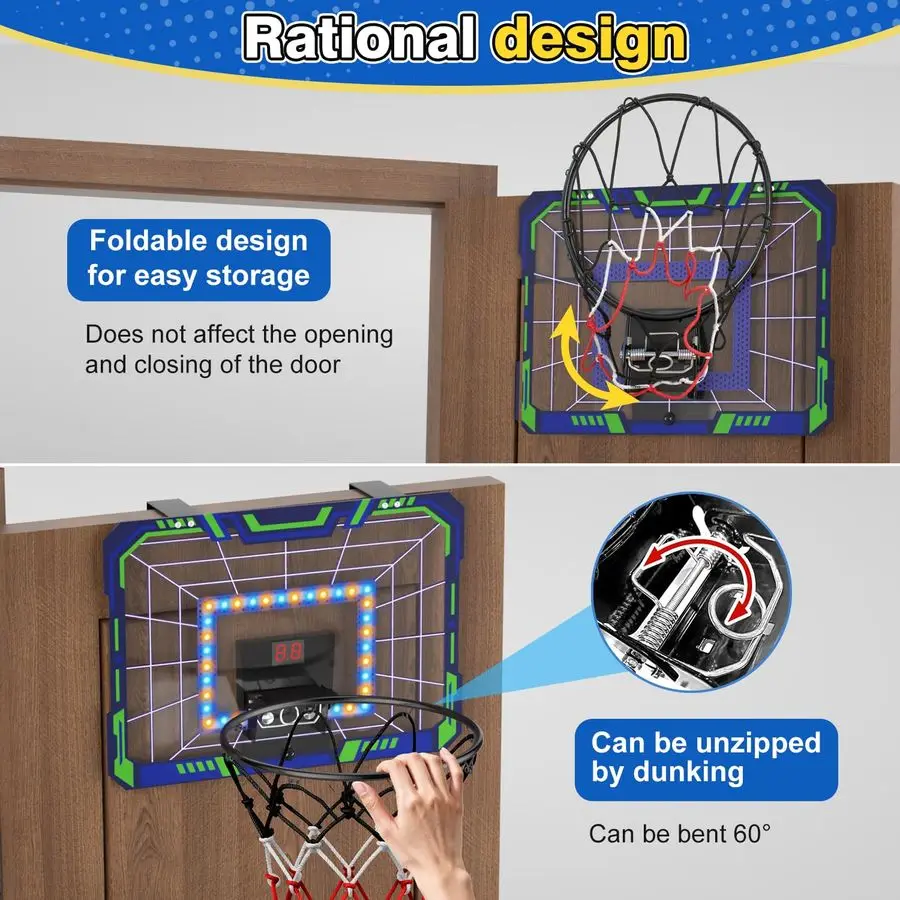 طوق كرة سلة داخلي فوق الباب، طوق كرة سلة صغير مع لوحة نتائج LED، صوت أضواء، يتضمن 4 كرات ممتعة لعيد الميلاد f