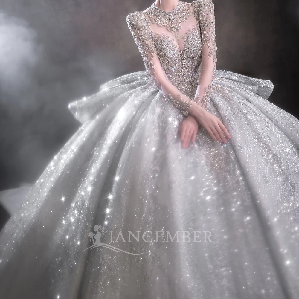 تخصيص الكرة بثوب فساتين الزفاف الراين الأورجانزا ثوب الزفاف الوهم طويلة الأكمام قطار الكاتدرائية Vestido De Noiva