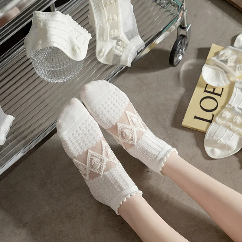 

5pairs Floral Socks Set, Women Cute Flower Geometric 3D Textured Ankle Cotton Blend Cottagecore Lucky Socks