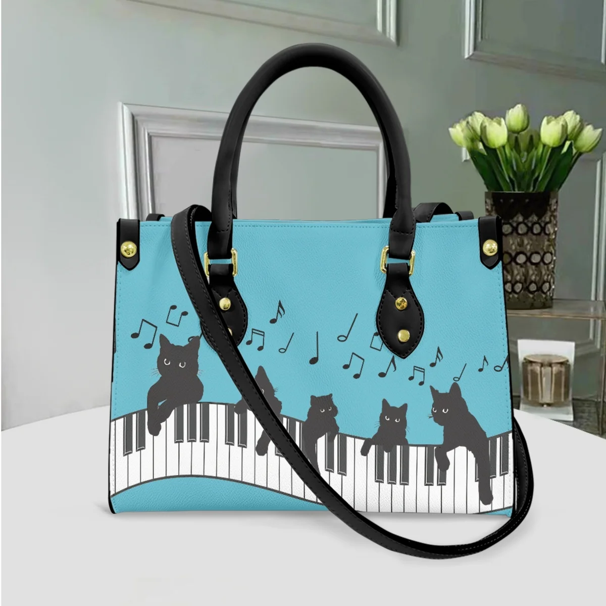 Kawaii Cat Piano Note 3D Print Messenger Bag Leather Top Handle Handbag Women Travel Small Shoulder Bag Loving Mother's Day Gift