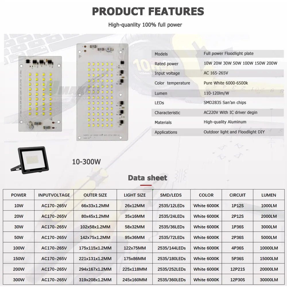 AC220V LED PCB Floodlight Plate 10W 20W 30W 50W 100W 150W 200W 300W SMD2835 Light Source Panel For Outdoor Lamps Replace DIY Kit