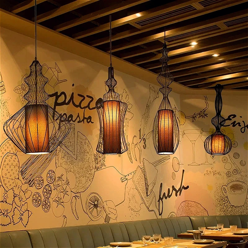 Vintage Fashional Lantern Cloth Lampshade Large Chandelier Dining Table Hotel Hall Chinese Restaurant Lines Design Pendant Lamp