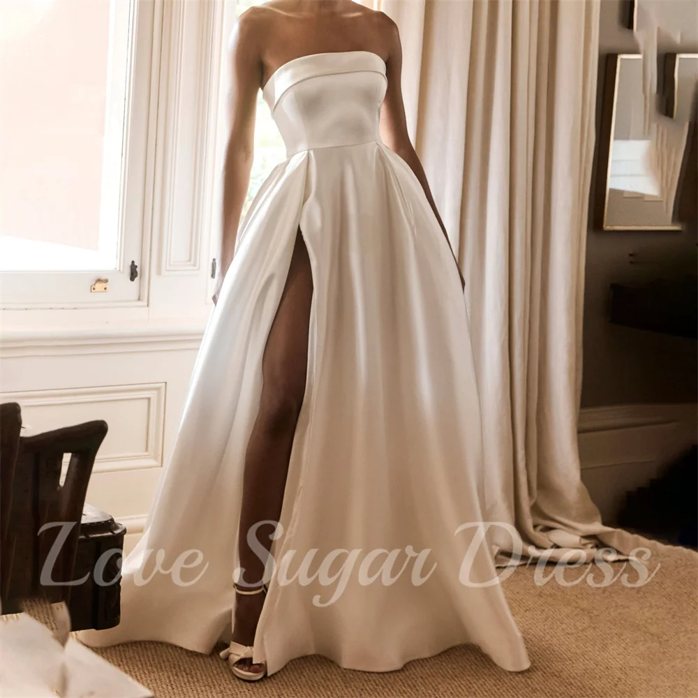 

Ivory Satin Wedding Dress A Line High Slit Pleated Bridal Gowns Elegant Long Strapless Bride Dresses For Wedding robe de mariée