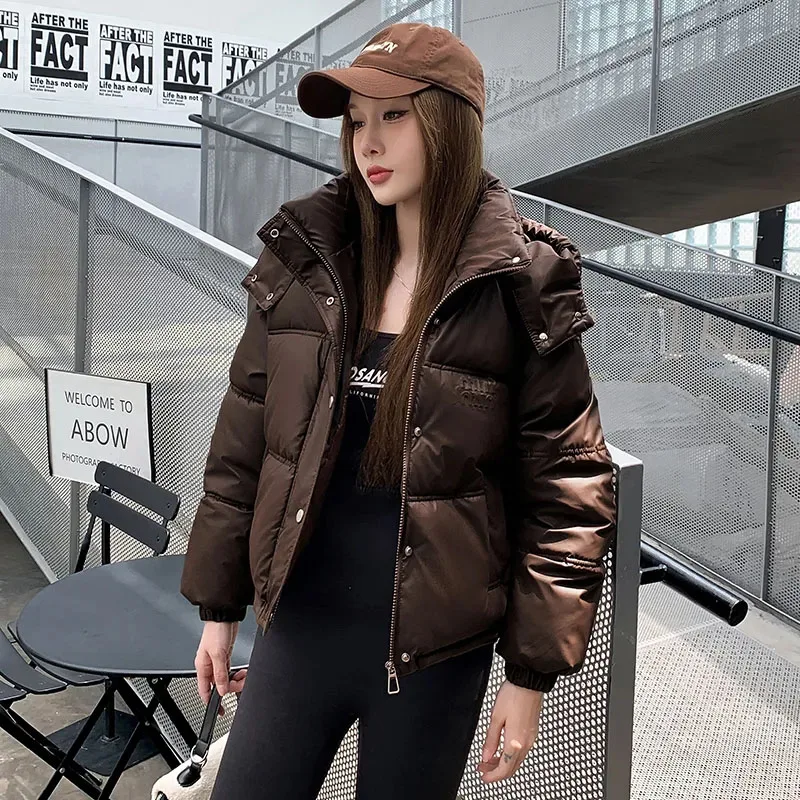 Fashion Women Short Down Cotton Coat New Winter Thicke Warm PU Leather Padded Jacket Female Korean Loose Removable Hooded Parker