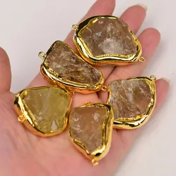 APDGG 5 Pcs Natural Lemon Quartz Gold Plated Edge Nugget Rough Raw Freedom Beads Connector Real Stone Jewelry Making DIY