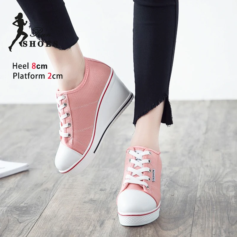 2024 New Women Black Canvas Shoes Thick Bottom Lace-up Vulcanized Shoes Outdoor Walking 8CM Ladies Wedges Heel Casual Sneakers