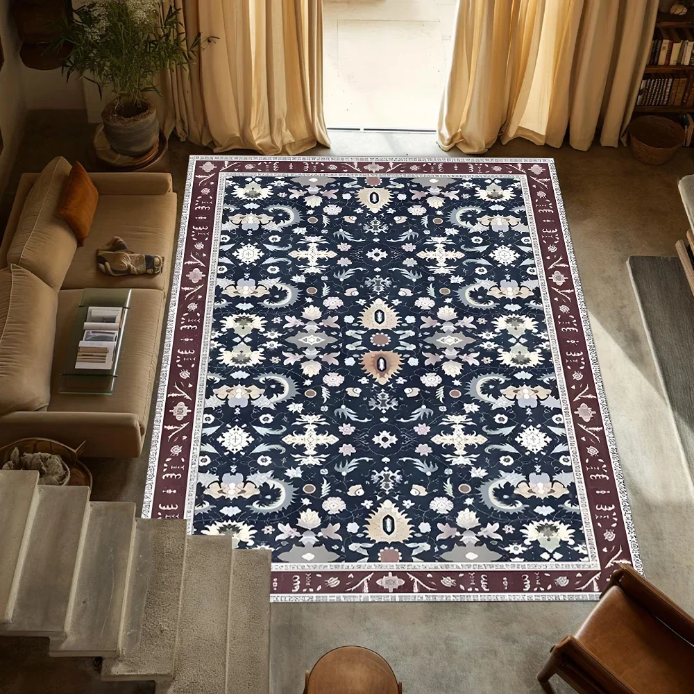 Vintage Floral Pattern Carpet with Burgundy Border Traditional Style Non-Slip Soft Mat for Living Room Bedroom Home Decor