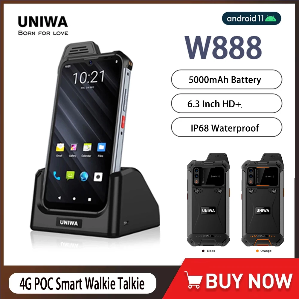 UNIWA W888 Andriod 11 4G Network Radio 4GB+64GB 6.3“ HD IP68 Waterproof Unlock NFC POC Walkie Talkie Work with Zello Real-ptt