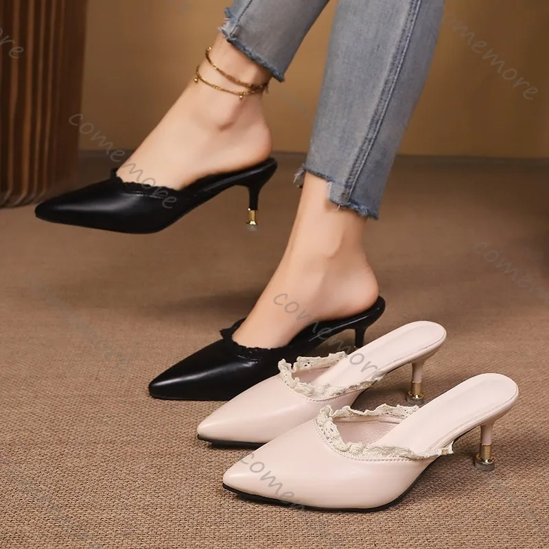 

Удобные полутапочки с острым носком и кружевной отделкой, женские стильные модные летние туфли без шнуровки в британском стиле, Новое поступление для женщин, размер 42