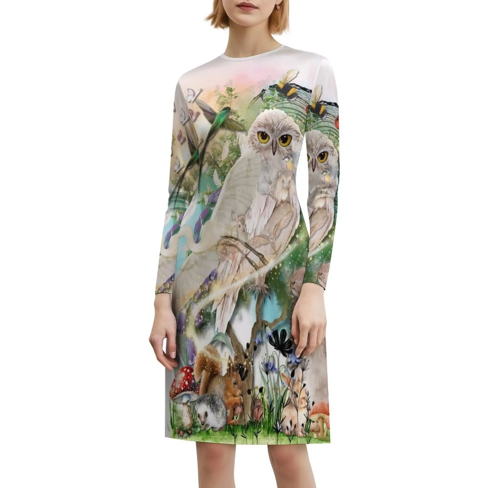 فستان حيوانات الغابات مُزين بنقشة الزهور للنساء للربيع والصيف فستان كاجوال للحفلات على شكل حيوانات الغابات مخفي