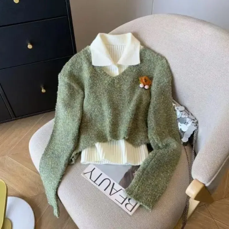 

French Retro Sweater Set for Women's Autumn and Winter New Polo Collar Vest Vest Sweater Two-piece Set
