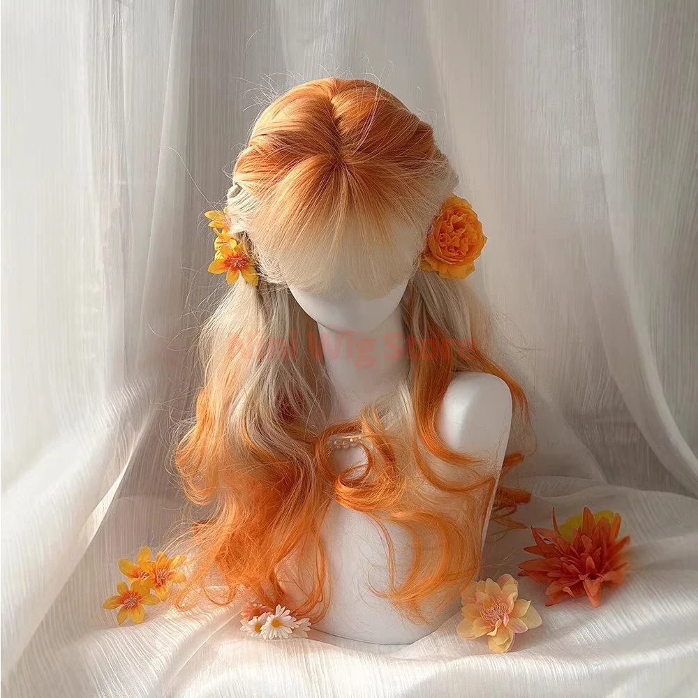 Gradient Orange Long Wavy Synthetic Wigs with Bangs For Women Lolita Halloween Cosplay Christmas Party Daily Use Heat-resistant