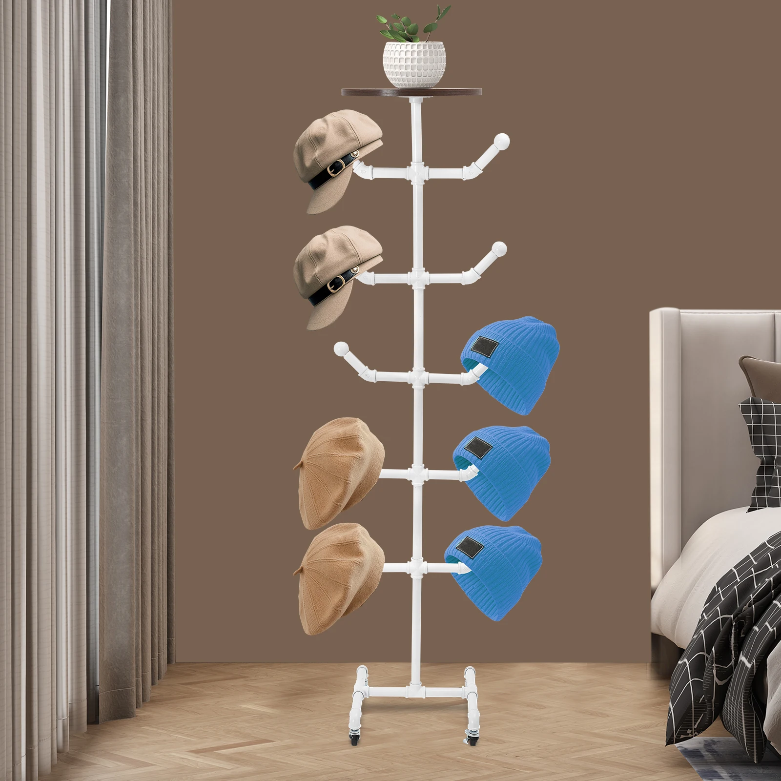 Hat Display Stand, Steel Freestanding Coat & Hat Rack Stand, Moving Hats Tree Organizer with 10 Hooks for Entryway, Hallway, Bedroom, Office