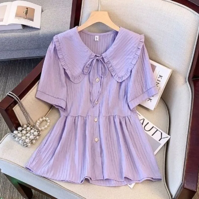 

Sweet Drawstring Lapel Blouses Women's 2024 Summer New Korean Commuter Solid Color Spliced Button Ruched Short Sleeve Slim Shirt