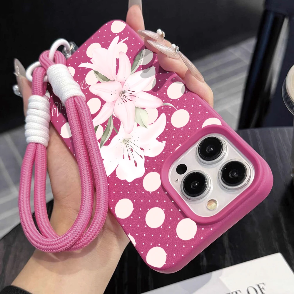 Retro Pink Polka Dot Flower With Lanyard Soft Leather Phone Case For iPhone 17 Pro Max 17 Air 16 14 15 11 12 13 16 Pro XR Cover view 4