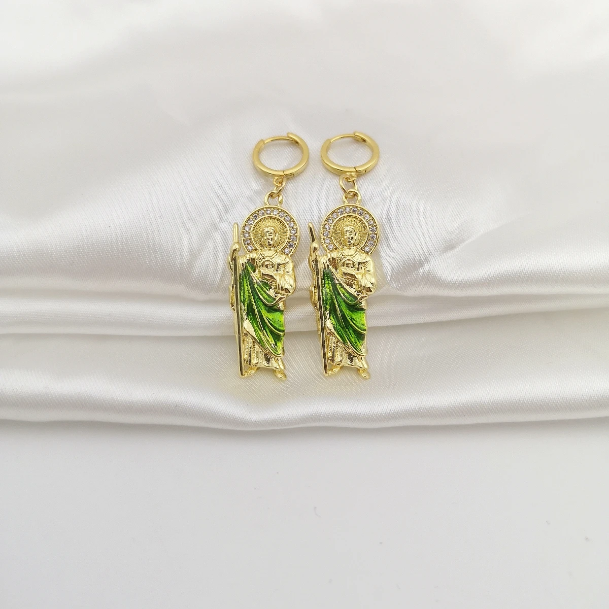 Gold Color Real S925 Sterling Silver St. Jude Huggies Green Enamel Judas Drop Earrings for Women Gift Zircon Stud Earrings Jewel