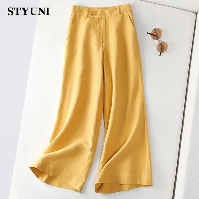 Purple Solid 6 Colors Cotton Linen Wide Leg Women's Pants High Waist Button Pocket Korean Fashion Ankle-length Pants for Women