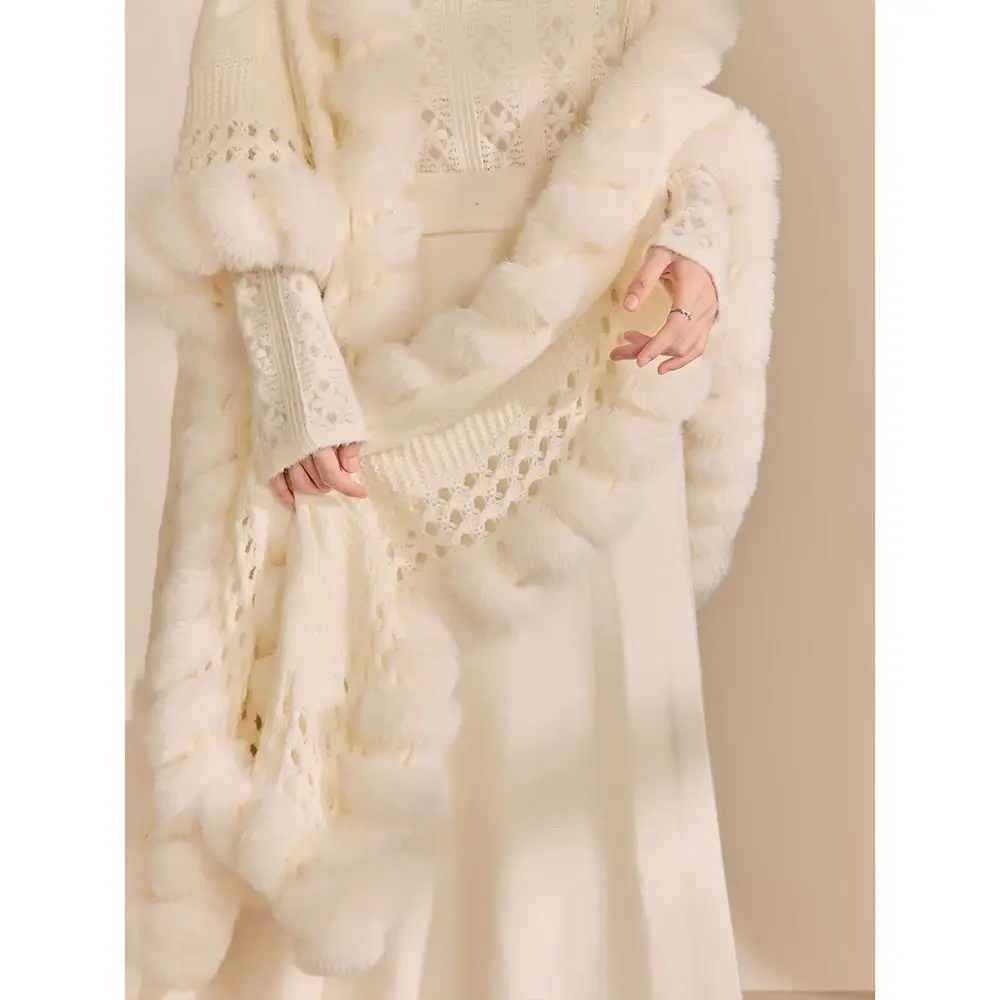 New Fashion Women\'s Clothing Hairy Balls Knitted Coats Autumn Hollow Out Solid Color Patchwork Aesthetic Elegant Tassel Wraps