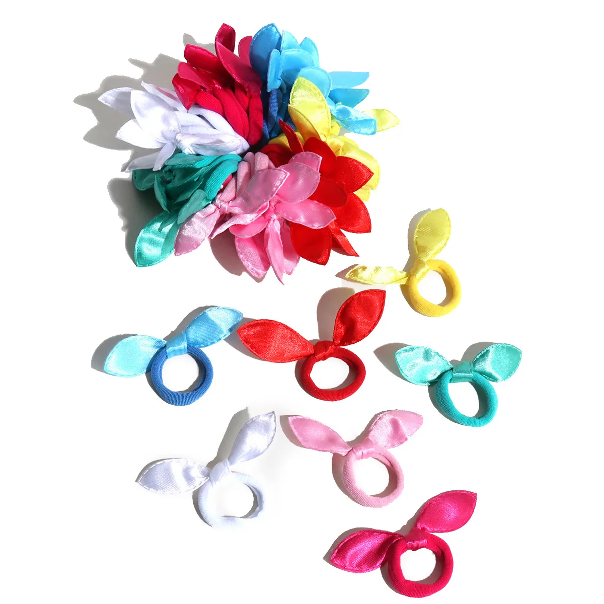 100 pezzi colore casuale elastici stile coda di cavallo titolare carino bambino orecchie di coniglio cravatte per capelli e cravatte per peli di