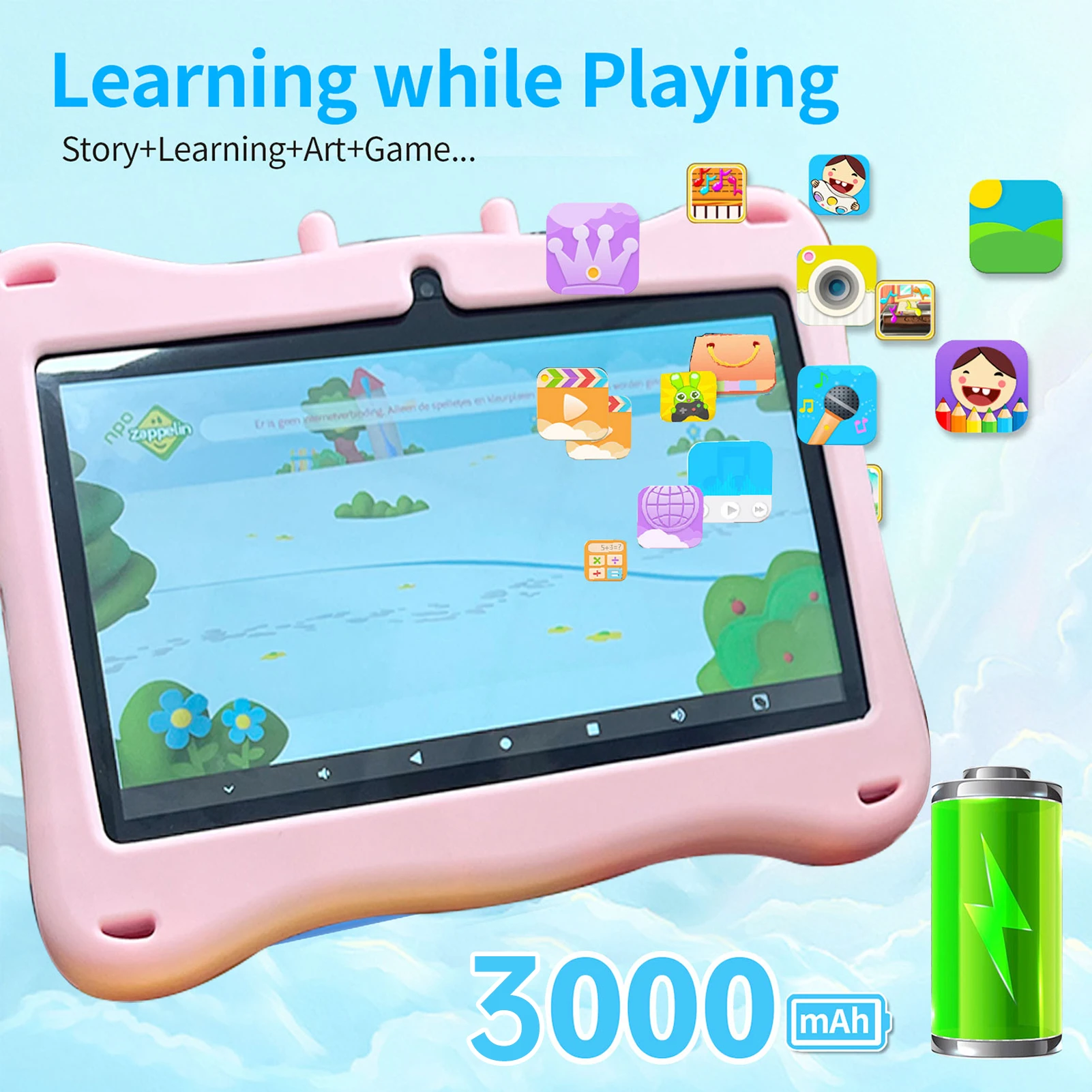Kids Tablet 7-inch HD Display Screen for Android 7.0 Storage 1+16G and Dual Camera 200W Early Educational Learning Machine