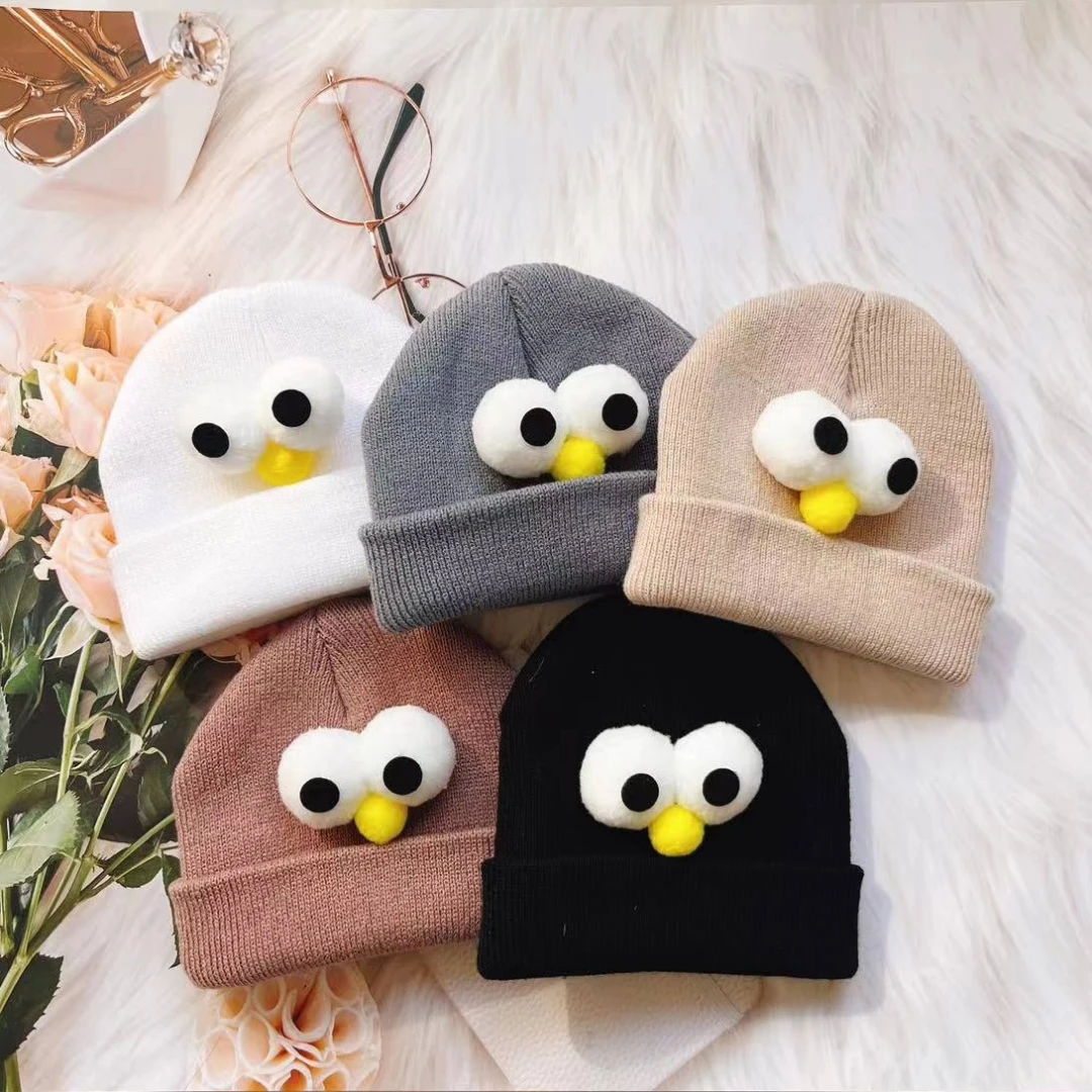 Korean Baby Autumn Winter Hat Cute Eyes Knitted Warm Newborn Cap Infant Beanie Solid Color Baby Girl Boy Soft Crochet Hats