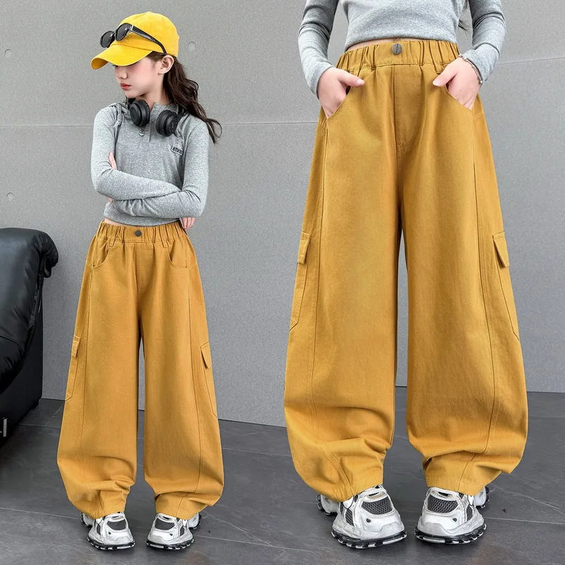 

Kids Girl Spring Autumn Bending Knife Cargo Jeans Pants with Pocket High Quality Cotton Trousers Child Casual Straight Trackpant