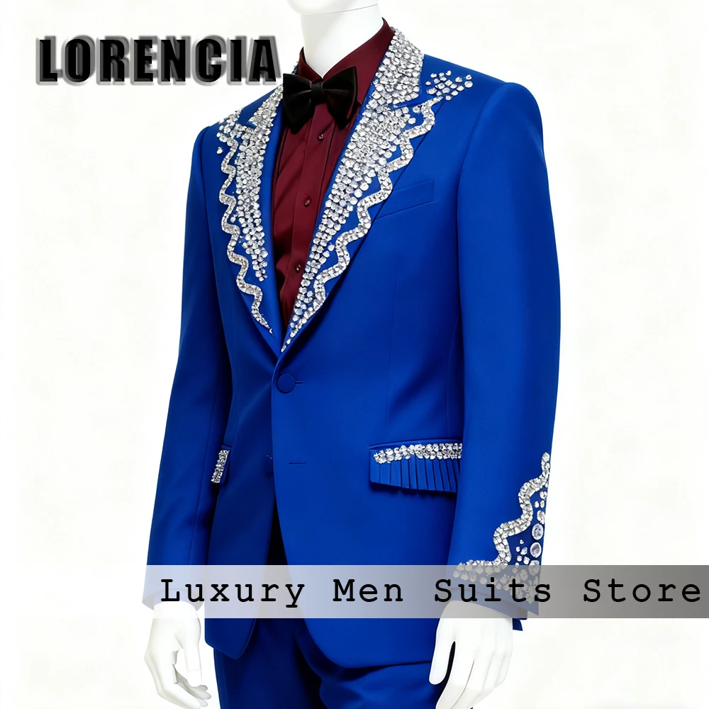 

Мужские костюмы со сверкающими бриллиантами, комплект из смокингов для свадьбы и жениха с остроконечными этикетками, блейзерные брюки по индивидуальному заказу, traje ju изменений masculino