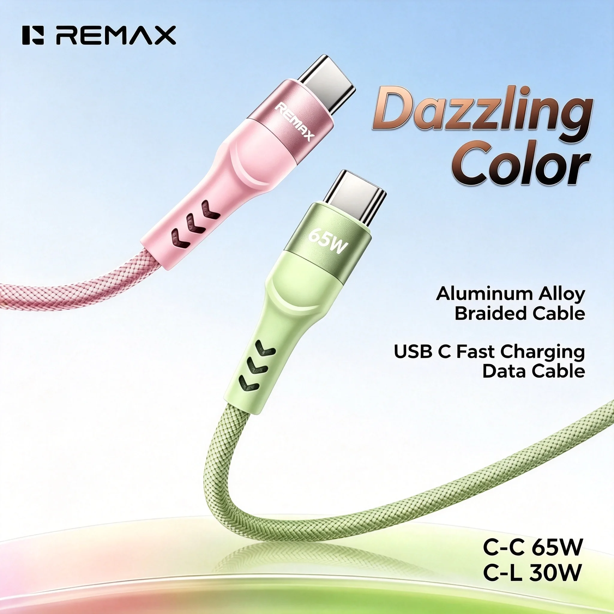REMAX PD 65W Nylon Braided Aluminum Alloy Shell Two‑Color Tangle‑Free Braided Fast Charging Data Cable for Phone Tablet Laptop