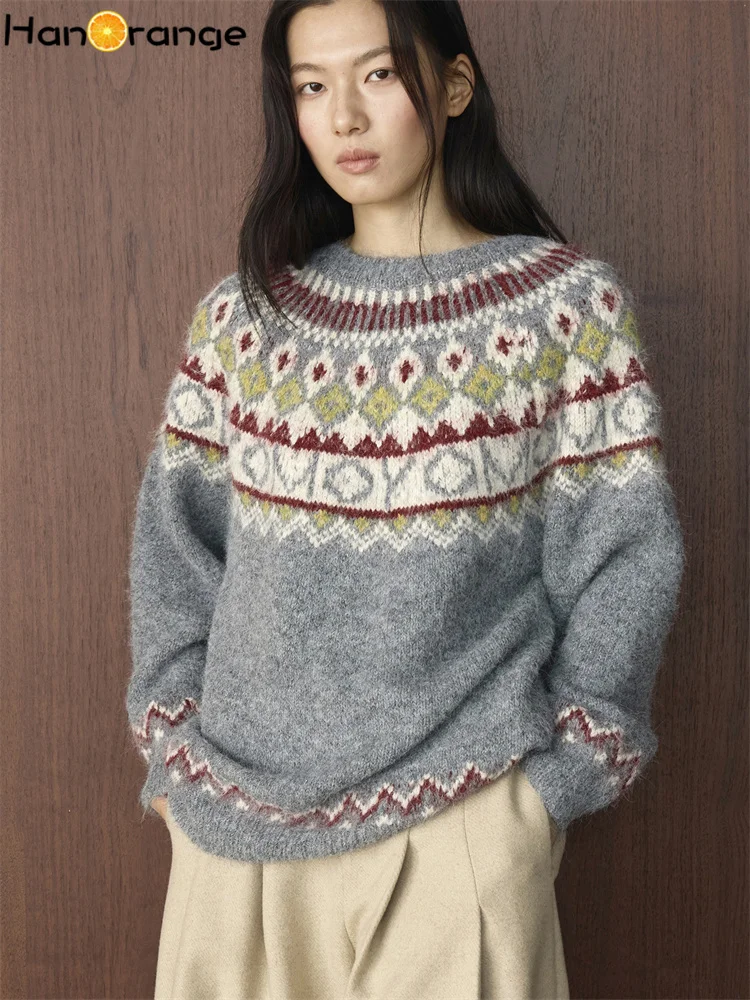 

HanOrange 2025 Winter Vintage Ethnic Style Jacquard Fel Island Wool Sweater Women Loose O-Neck Top Apricot/Gray