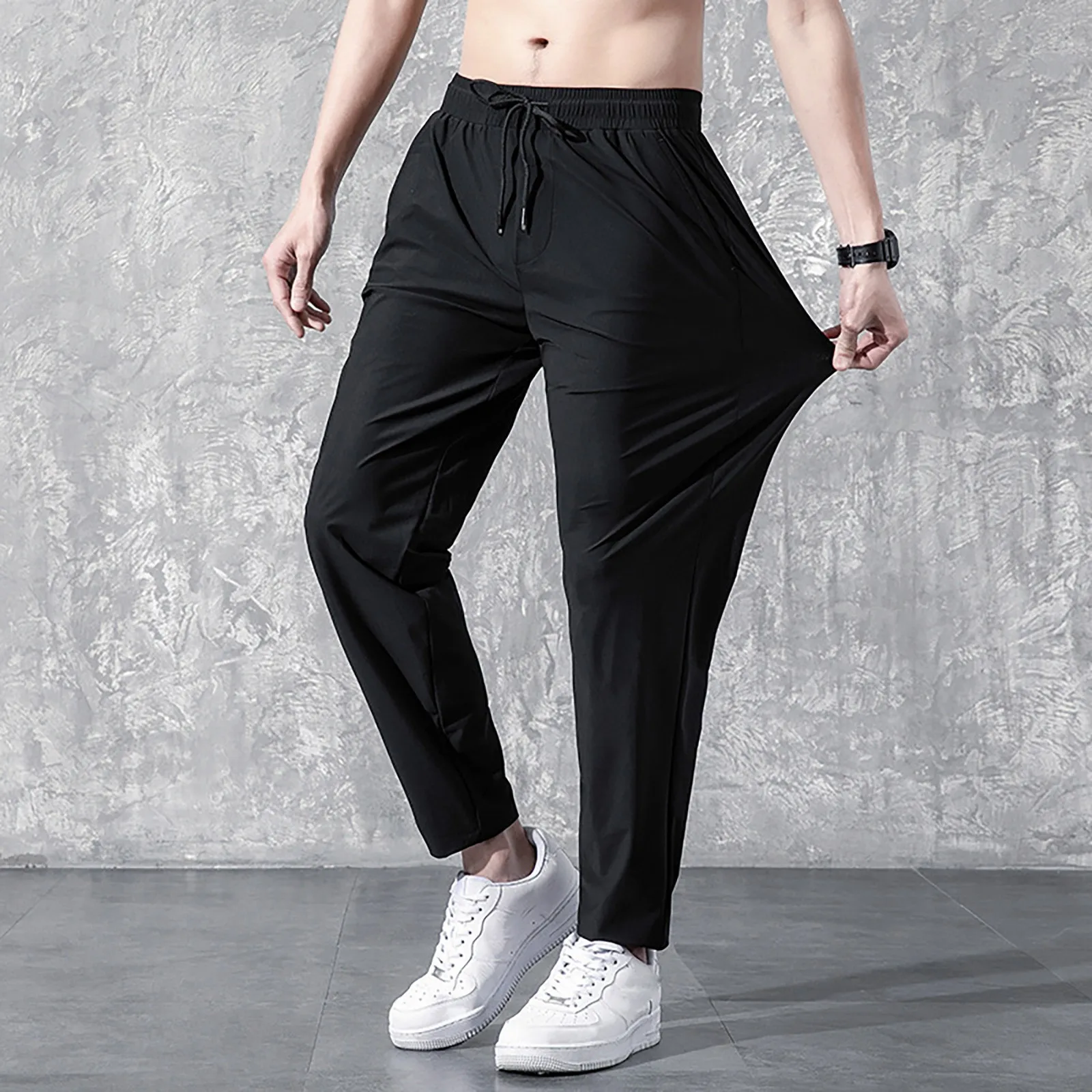 Men's Summer Cool Feeling Ice Silk Sport Pants 2024 Quick-drying Baggy Trousers Solid Color Black High Waist Casual Sweatpants